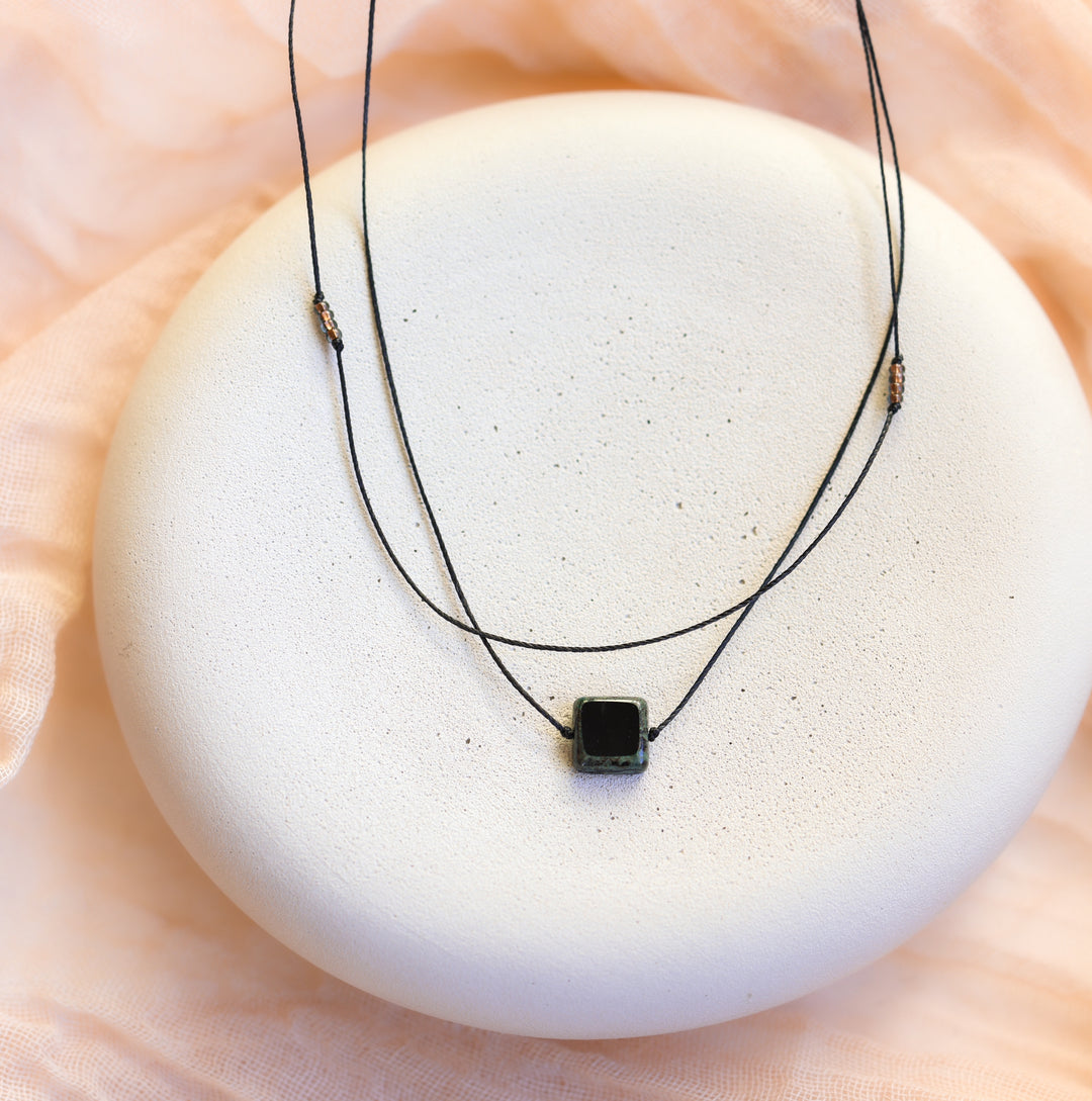 Layered Black Square Pendant Necklace