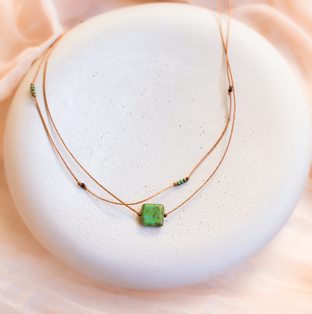 Rustic Earthy Square Pendant Layered Necklace