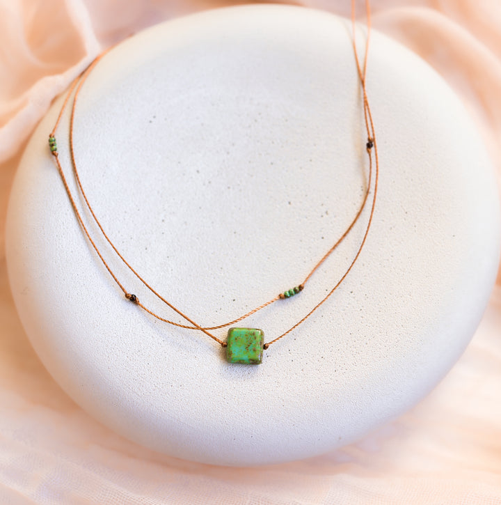 Rustic Earthy Square Pendant Layered Necklace