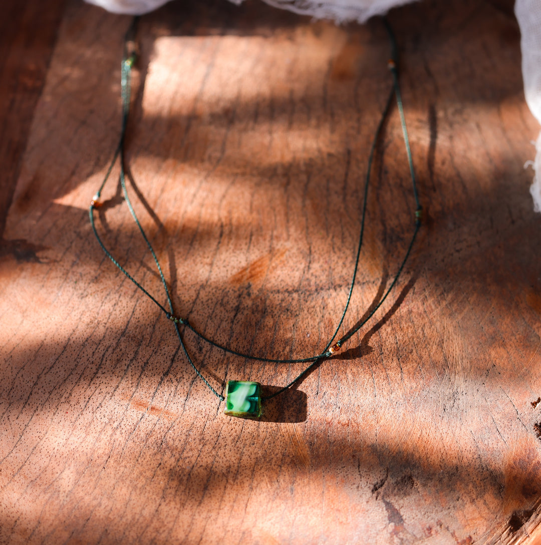 Layered Green Square Pendant Necklace