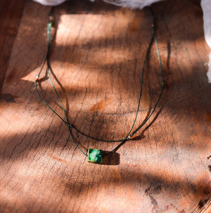 Layered Green Square Pendant Necklace
