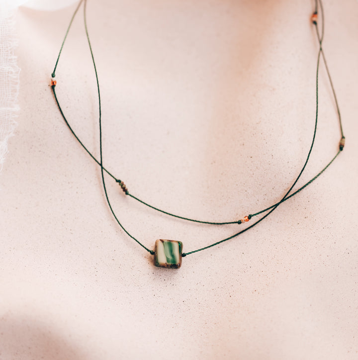 Layered Green Square Pendant Necklace