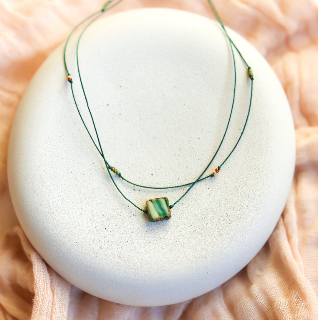 Layered Green Square Pendant Necklace