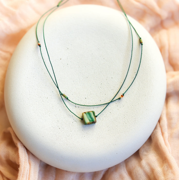 Layered Green Square Pendant Necklace