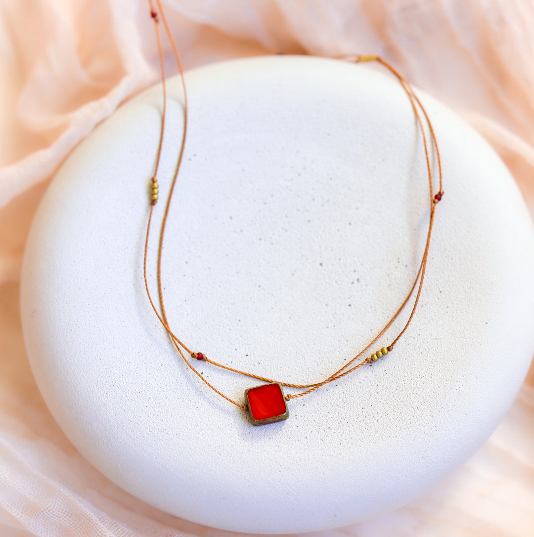 Retro Red Square Pendant Necklace