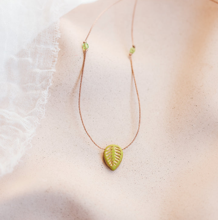 Golden Green Leaf Pendant Necklace