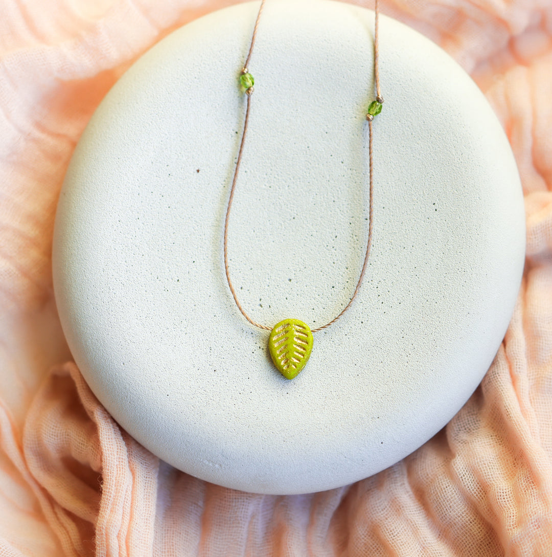 Golden Green Leaf Pendant Necklace