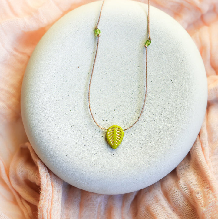 Golden Green Leaf Pendant Necklace