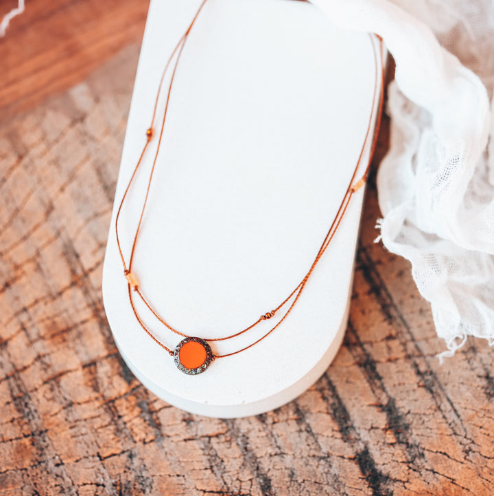 Rustic Boho Orange Coin Layered Necklace