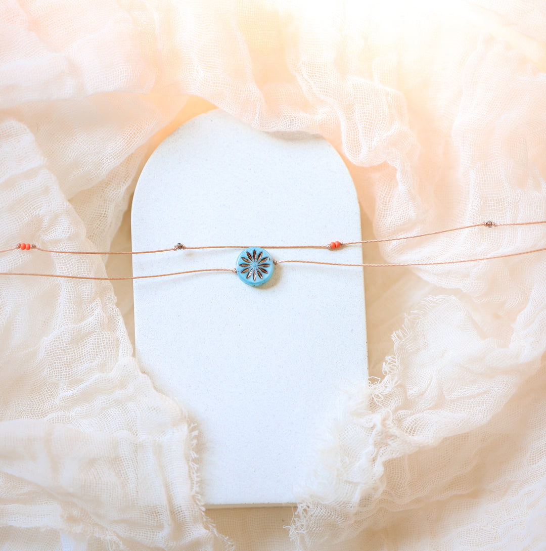 DAHLIA Blue Flower Coin Layered Choker Necklace