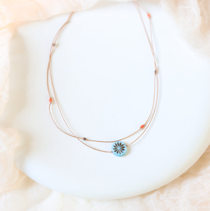 DAHLIA Blue Flower Coin Layered Choker Necklace