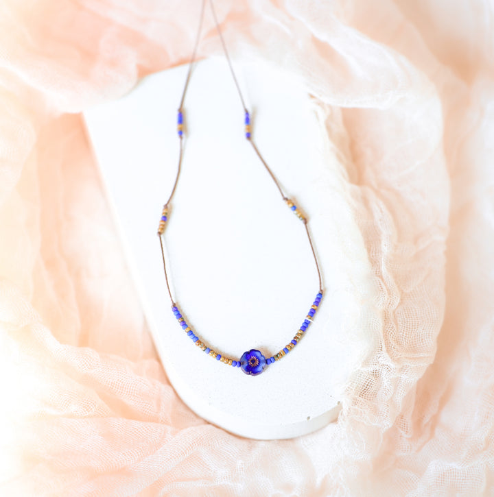 CORA Blue Wildflower Beaded Choker Necklace