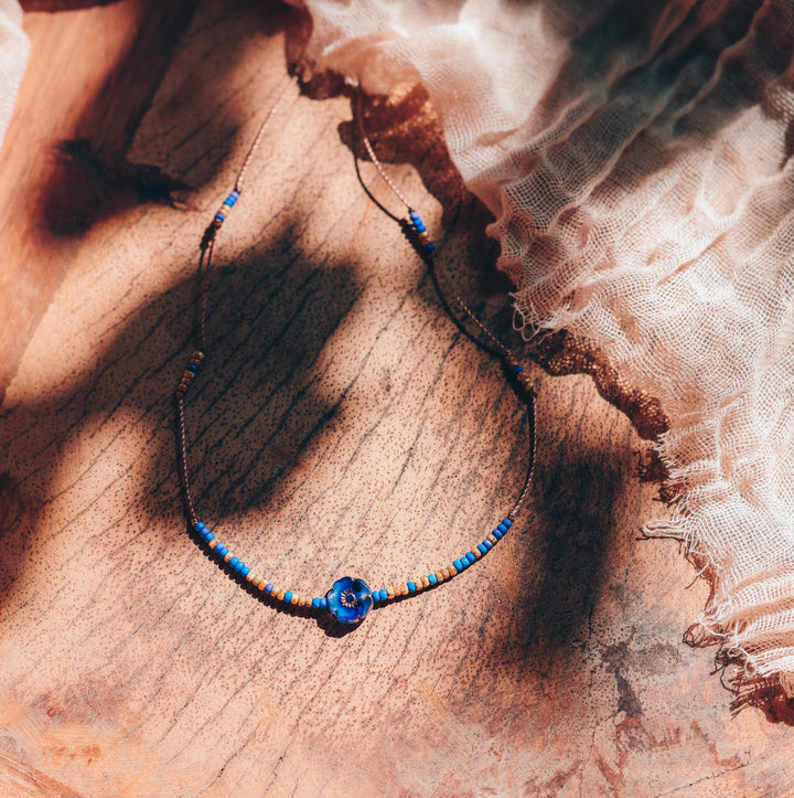 CORA Blue Wildflower Beaded Choker Necklace