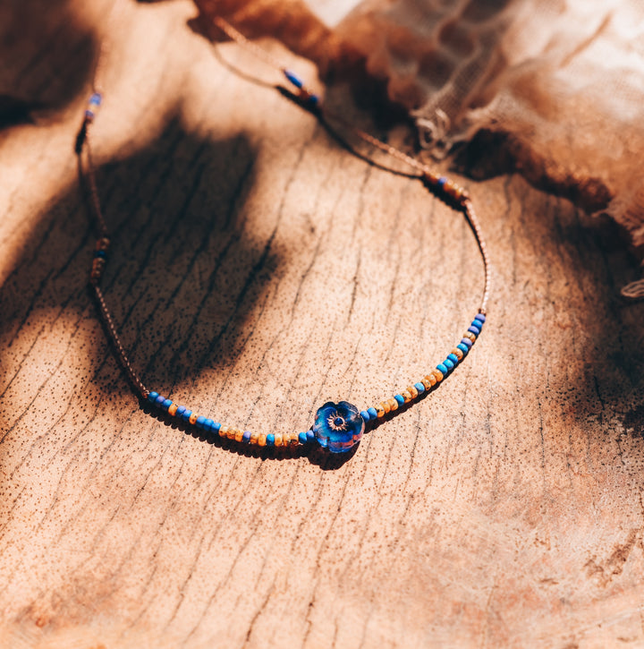 CORA Blue Wildflower Beaded Choker Necklace