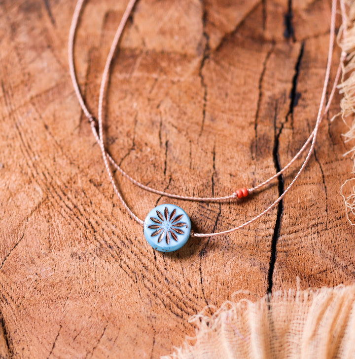 DAHLIA Blue Flower Coin Layered Choker Necklace