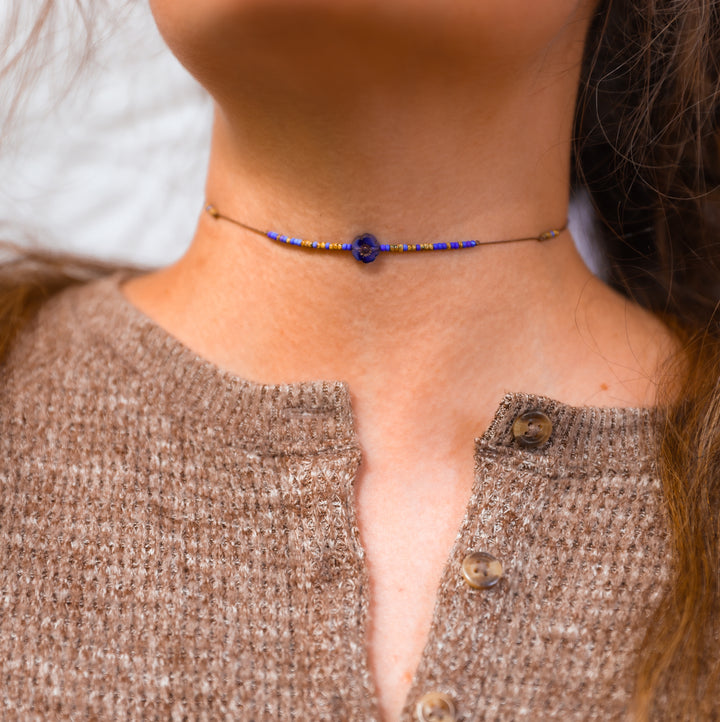 CORA Blue Wildflower Beaded Choker Necklace