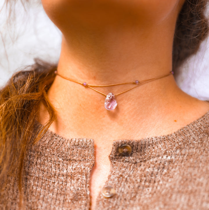 AERY Raw Amethyst Layered Choker Necklace