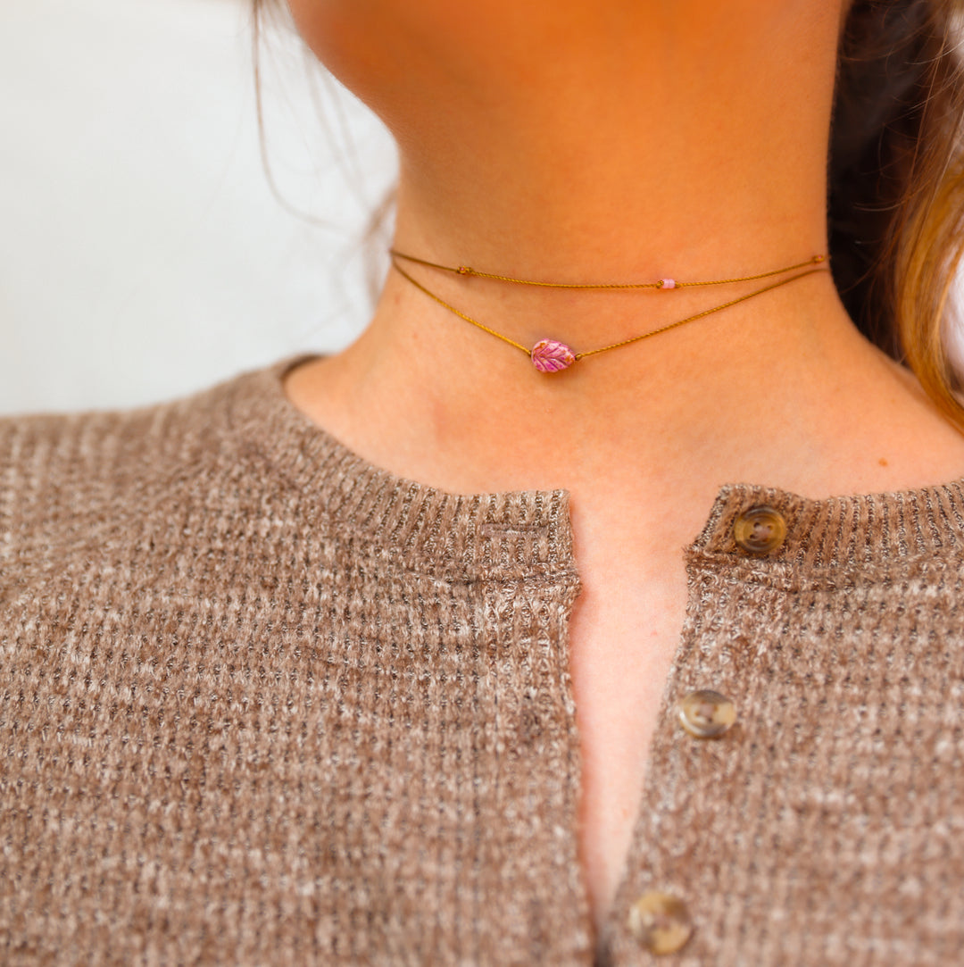 FLORA Whimsy Pink Leaf Layered Choker Necklace