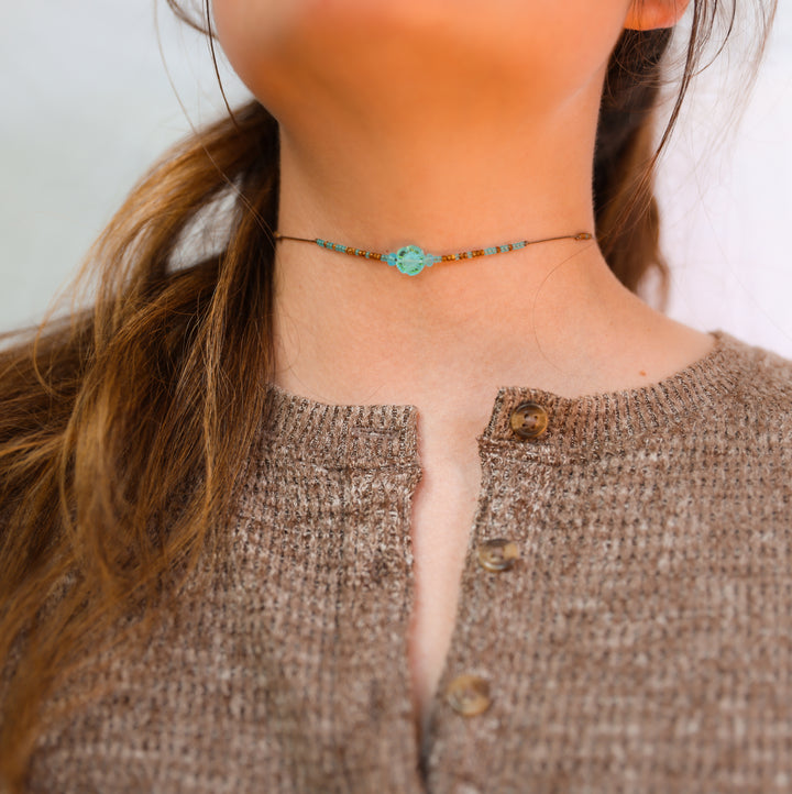 AZALEA Blue Flower Beaded Choker Necklace