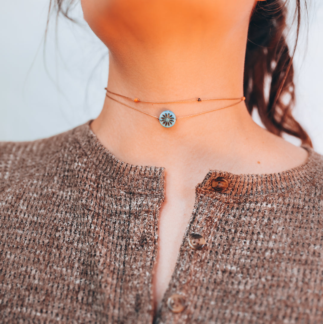 DAHLIA Blue Flower Coin Layered Choker Necklace