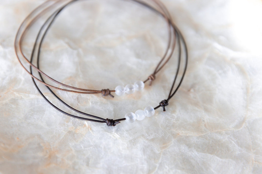 Leather Beaded Selenite Necklace - SAME SUN CO