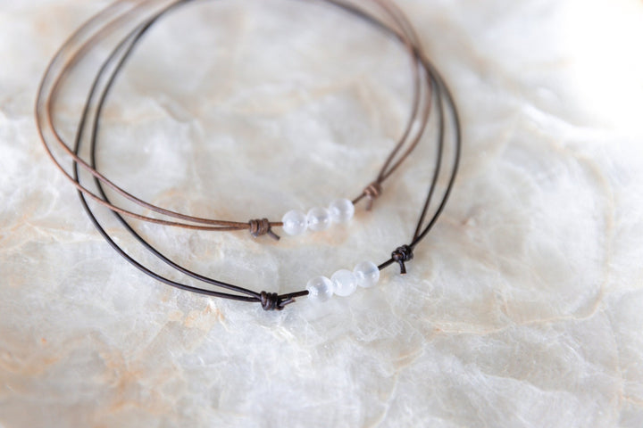 Leather Beaded Selenite Necklace - SAME SUN CO