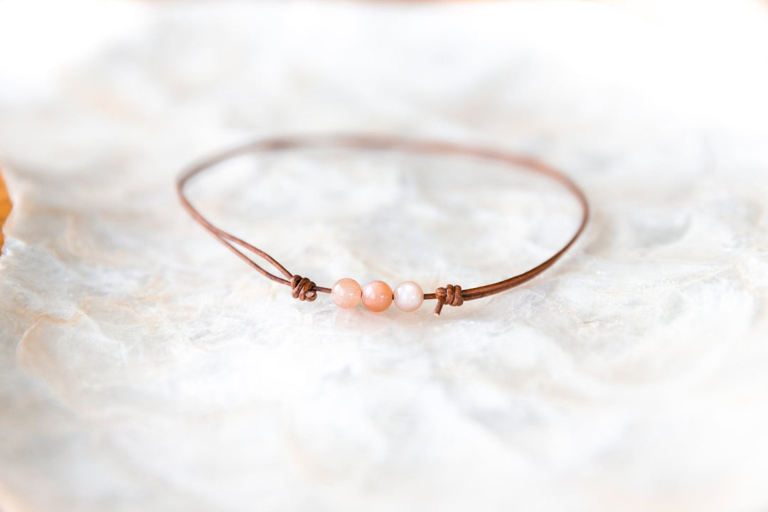 Peach Moonstone Leather Necklace - SAME SUN CO